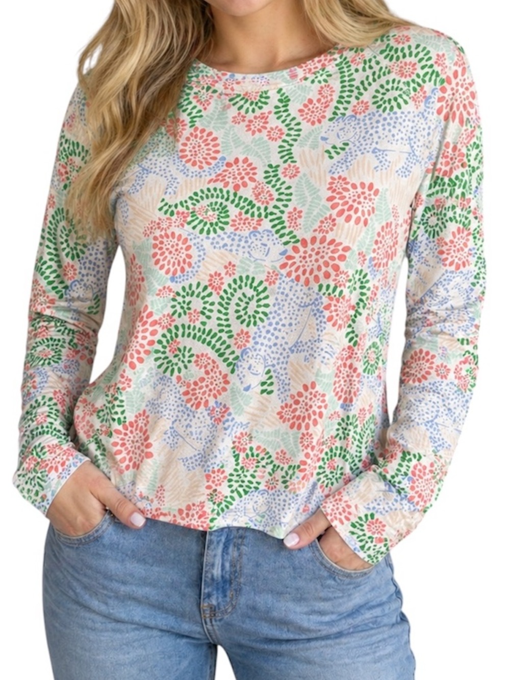 MARY SQUARE Long Sleeve Top with Floral and Animal Print Pattern